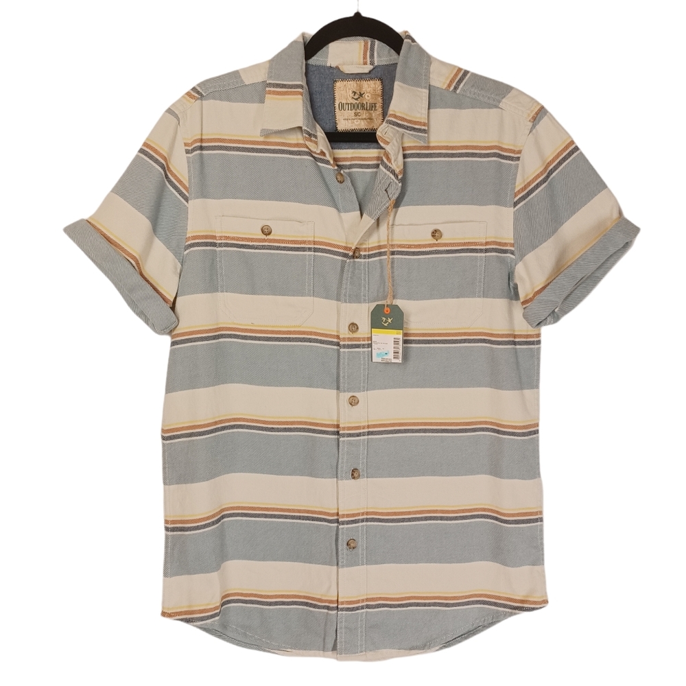 OUTDOOR LIFE Blue Cream Yellow Plaid Short Sleeve Roll Tab Twill Trooper Shirt S